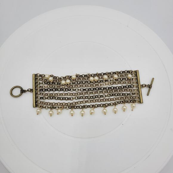 VTG Pinned Pearl Cuff Bracelet 8" Gold Tone White Beads Wide Toggle Closure - Picture 10 of 13